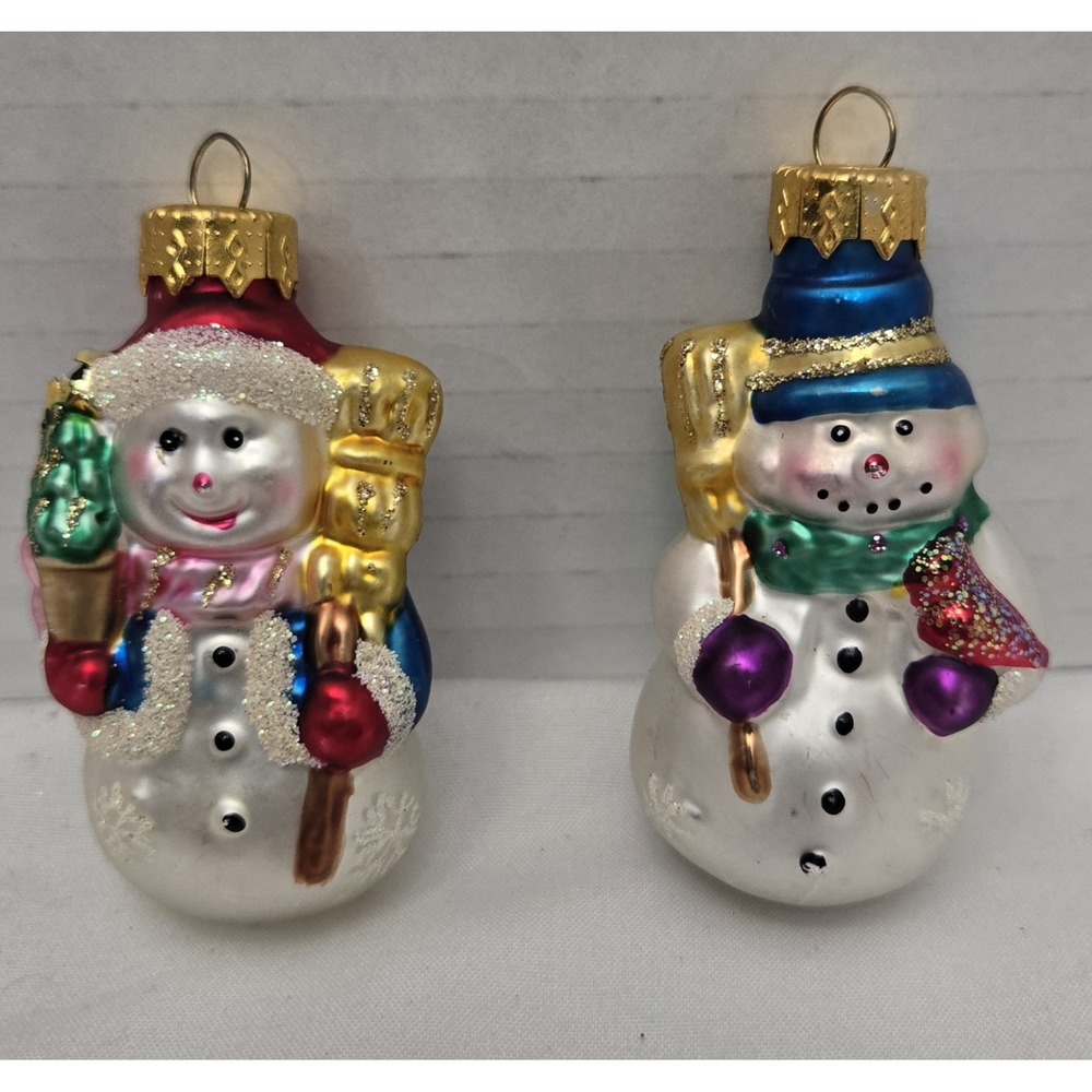 Lot/2 Vintage Unique Treasures Blown Glass Snowman Christmas Ornaments Glitter